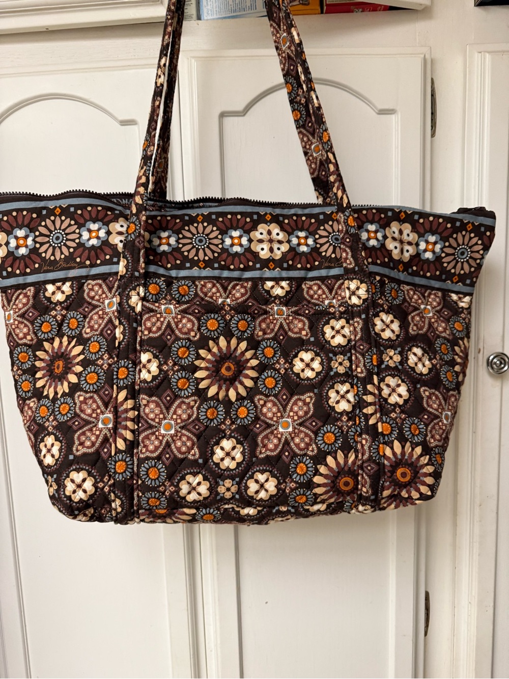 Vera Bradley Brown Floral Quilted Tote with Orange and Blue Accents
